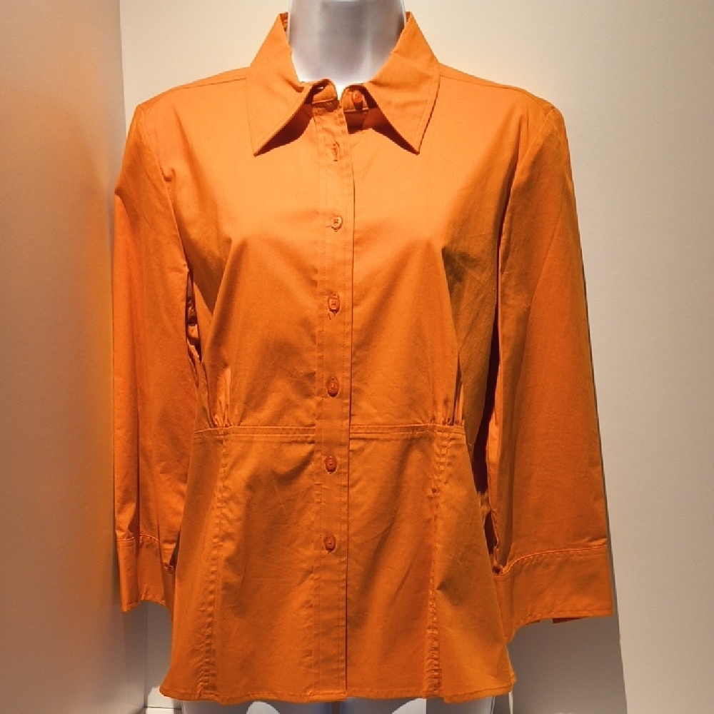 Rafaella Women's Orange Button-Up Fitted Blouse 3/4Sleeve 12 Double Button Cuff